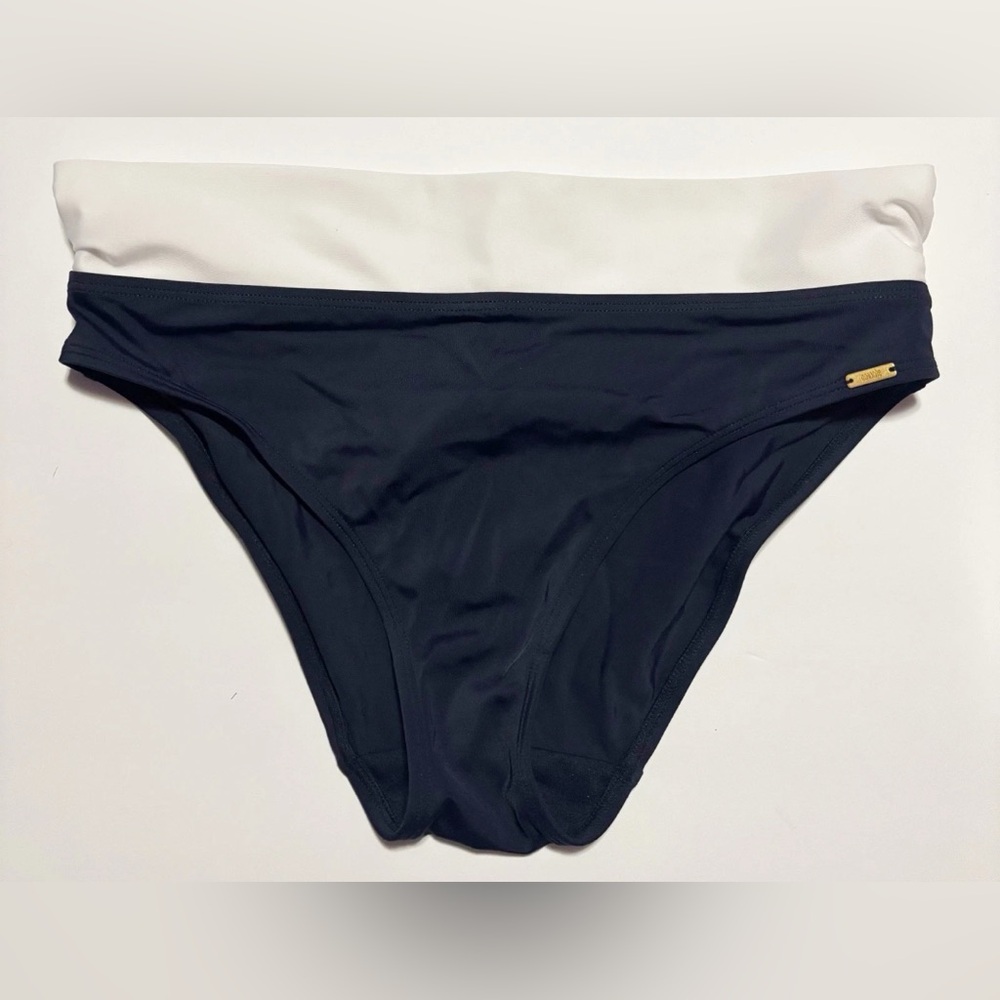 Panache Catarina Fold-Over Bikini Bottom Size Small, Solid Navy Blue White